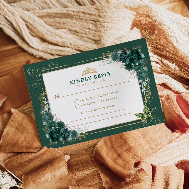 Cartão De Informações Emerald Green Quinceanera Mis Quince 15 Anos RSVP (Criador carregado)