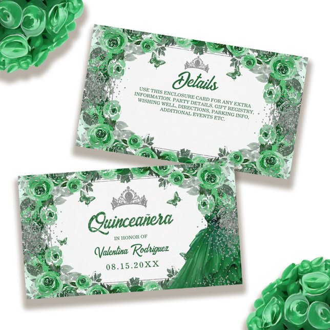 Cartão De Informações Emerald Green Silver Glitter Floral Quinceanera (Emerald Green Silver Glitter Floral Quinceanera Enclosure Card)