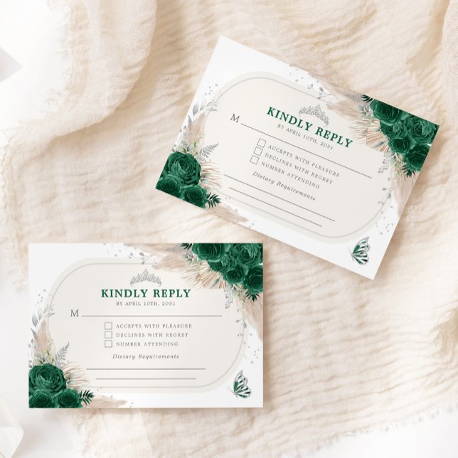 Cartão De Informações Emerald Green Silver Quinceanera Tiara RSVP (Criador carregado)