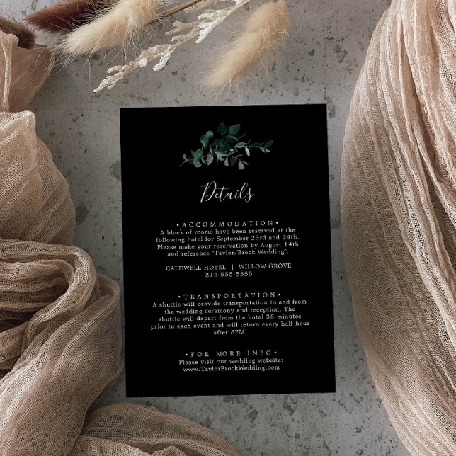 Cartão De Informações Emerald Greenery | Detalhes do Casamento Negro (Criador carregado)