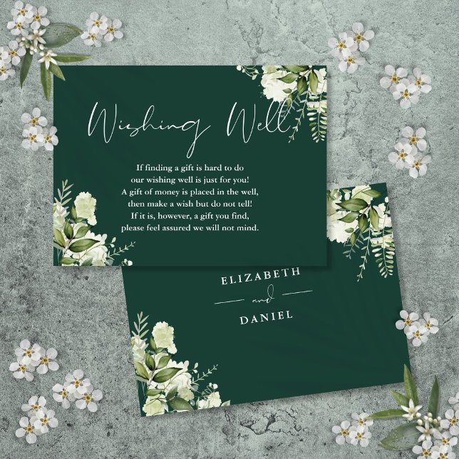 Cartão De Informações Emerald Verde Floral Poço de Desejos Casamento (Emerald Greenery Floral Wishing Well Wedding Enclosure Card)