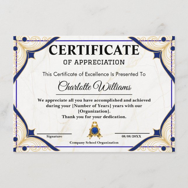 Cartão De Informações Employee Recognition Certificate Blue Gold (Frente)