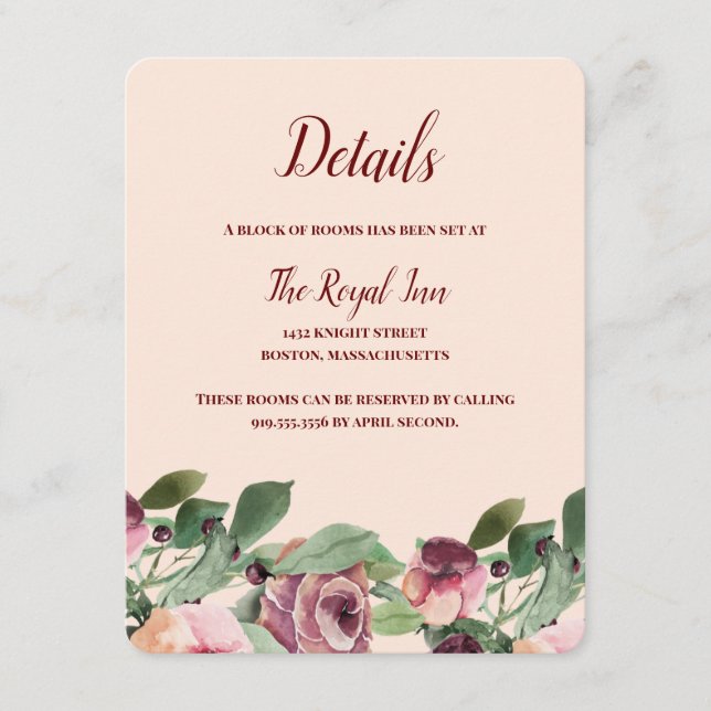 Cartão De Informações Enclosure de Aquarela Floral Burgundy e Peach (Frente)