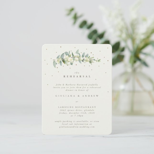 Cartão De Informações Ensaio De Casamento De Creme Snowberry+Eucalyptus (Em pé/Frente)