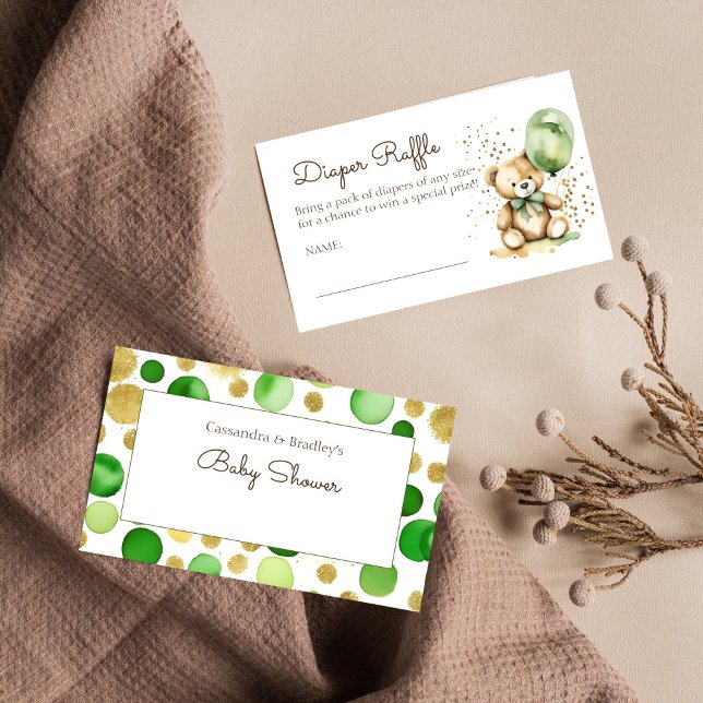 Cartão De Informações Espingarda de fralda verde de espera (Bearly wait green gold teddy bear baby shower diaper raffle card)