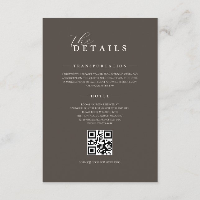 Cartão De Informações Espresso Classic Minimalist Wedding QR Details (Frente)