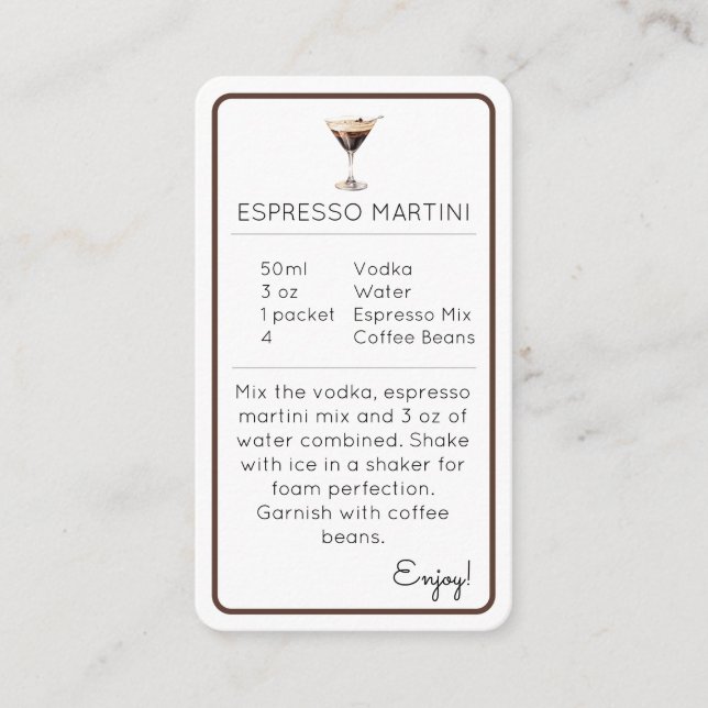 Cartão De Informações Espresso Martini Mini Cocktail Recipe Card (Frente)