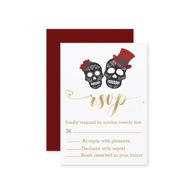 Cartão De Informações esqueletos de halloween script dourado rsvp casame (Frente/Verso In Situ)