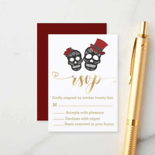 Cartão De Informações esqueletos de halloween script gold rsvp casamento (Frente/Verso In Situ)