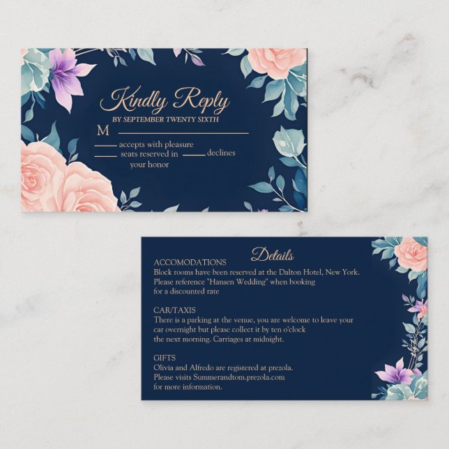 Cartão De Informações Este RSVP Elegante Floral Azul-Rosa e Marinho (Frente/Verso)