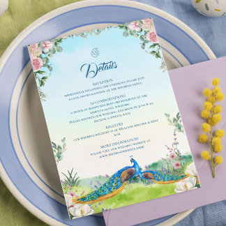Cartão De Informações Estilo de Casamento Botânico Pavão Azul Elegante