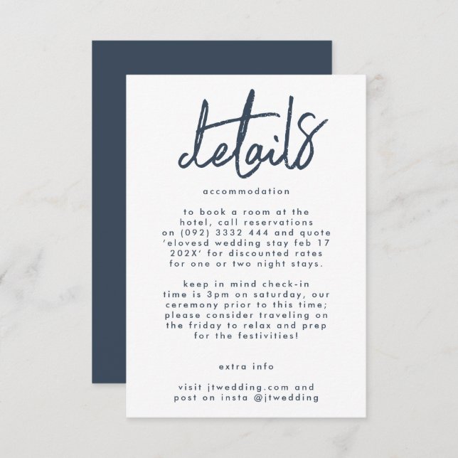 Cartão De Informações Estilo Moderno Nomes Personalizados Casamento Azul (Frente/Verso)