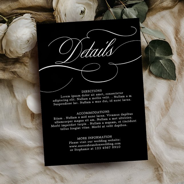 Cartão De Informações Eterno de caligrafia moderna Casamento branco Negr (Modern calligraphy timeless Black white wedding details Enclosure Card )
