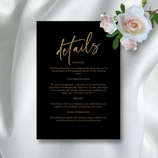 Cartão De Informações Eterno Negra e Dourado Casamento (Timeless Black and Gold Wedding Enclosure Card)