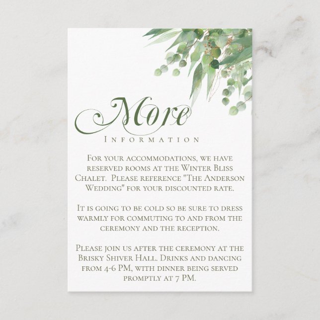 Cartão De Informações Eucalipto Mais Informações Detalhes do Casamento (Frente)