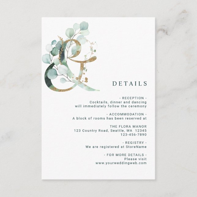 Cartão De Informações Eucalyptus Ampersand Dourados Detalhes do Casament (Frente)