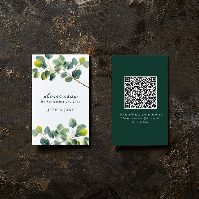 Cartão De Informações Eucalyptus branch qr code casamento rsvp (Modern eucalyptus leaf design on perfect for conveying a natural, fresh feel to your event.)