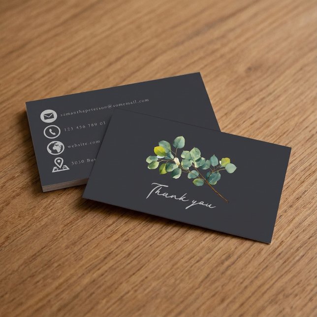 Cartão De Informações Eucalyptus branch verde escuro obrigado inserido n (Eucalyptus branch dark green thank you insert card with silver grey hand style script bold icons.)