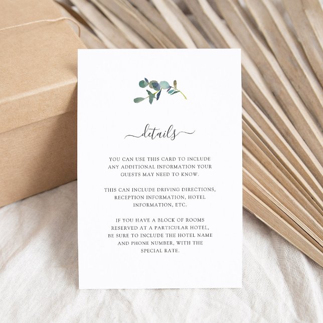 Cartão De Informações Eucalyptus Crest | Detalhes do Convidado de Casame (A simple and elegant wedding detail card with eucalyptus leaves)