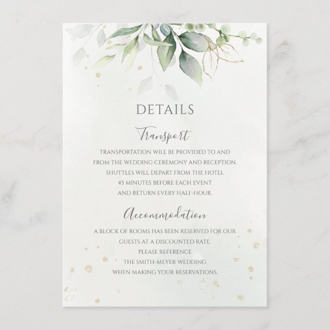 Cartão De Informações Eucalyptus Deixa Casamento Elegante Dourado Verde (Frente)