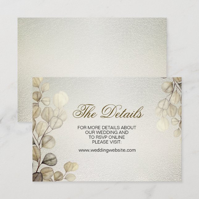 Cartão De Informações Eucalyptus Foliage Wedding Shiny Dourado com Aquar (Frente/Verso)