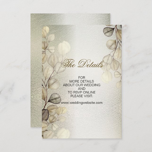 Cartão De Informações Eucalyptus Foliage Wedding Shiny Dourado com Aquar (Frente/Verso)