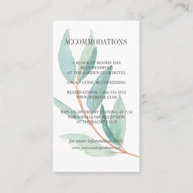 Cartão De Informações Eucalyptus fresco sai do casamento ACOMODAÇÃO (Frente)
