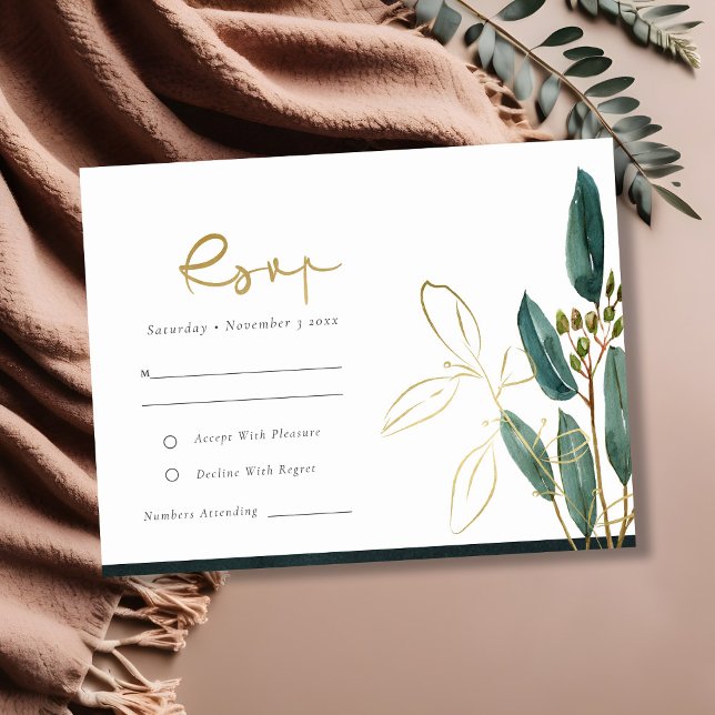 CARTÃO DE INFORMAÇÕES EUCALYPTUS GREEN GOLD FOLIAGE CASAMENTO RSVP (Criador carregado)