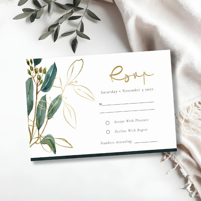 CARTÃO DE INFORMAÇÕES EUCALYPTUS GREEN GOLD FOLIAGE CASAMENTO RSVP E (Criador carregado)