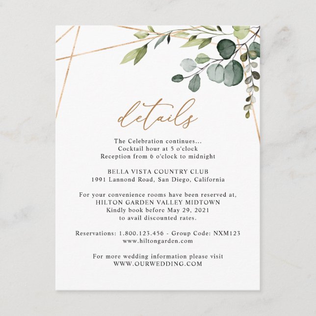 Cartão De Informações Eucalyptus Greenery Gold Geometric Details Wedding (Frente)