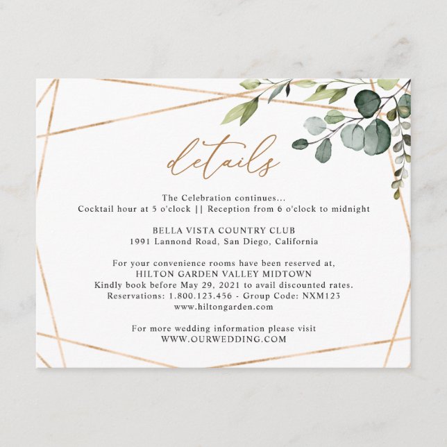 Cartão De Informações Eucalyptus Greenery Gold Geometric Wedding Details (Frente)