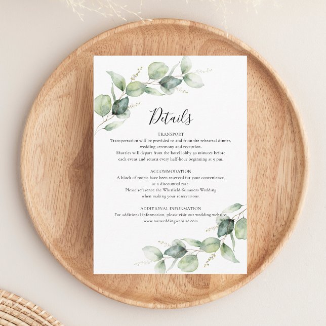 Cartão De Informações Eucalyptus Greenery Script Detalhes Do Casamento (Eucalyptus Greenery Modern Wedding Details Enclosure Card)