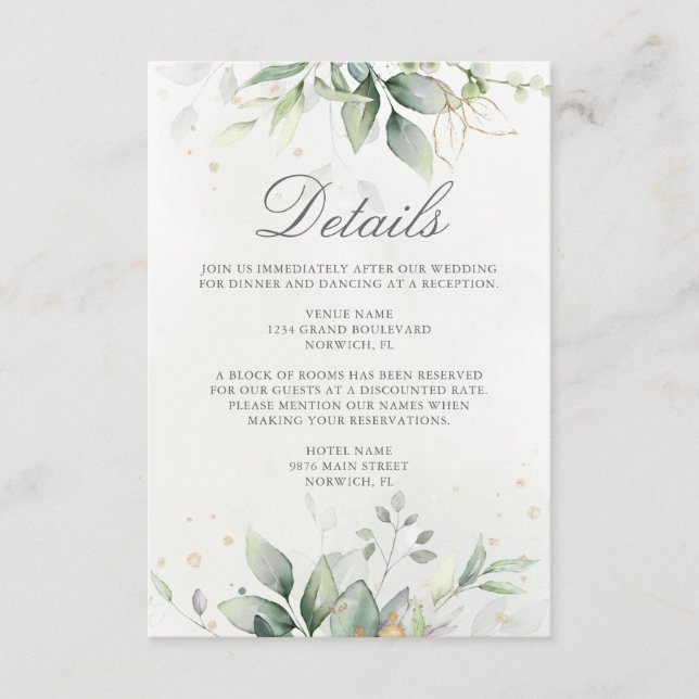 Cartão De Informações Eucalyptus Greenery Succulent Wedding (Frente)