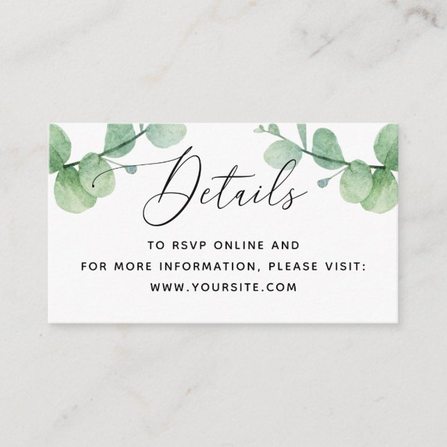 Cartão De Informações Eucalyptus Wedding Insert | Detalhes da Greeneresc (Frente)