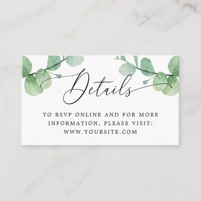 Cartão De Informações Eucalyptus Wedding Insert | Greenery Details + QR (Frente)