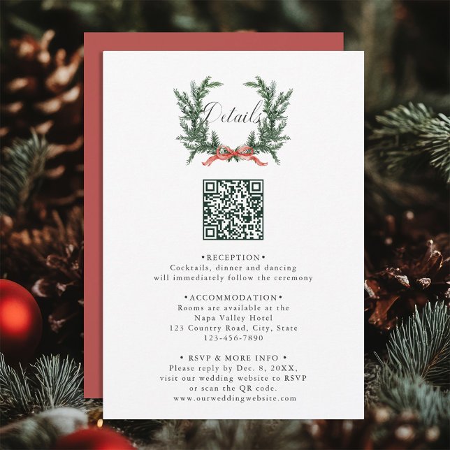 Cartão De Informações Evergreen Pine Wreath Wedding QR Code Details (Criador carregado)