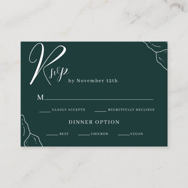 Cartão De Informações Exemplo Emerald Green Line Art Wedding RSVP (Frente)