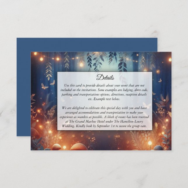 Cartão De Informações Fairy Lights and Moonlit Forest Magic Wedding (Frente/Verso)