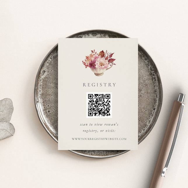 Cartão De Informações Fall Floral Teacup Chá de panela Registro QR (Criador carregado)