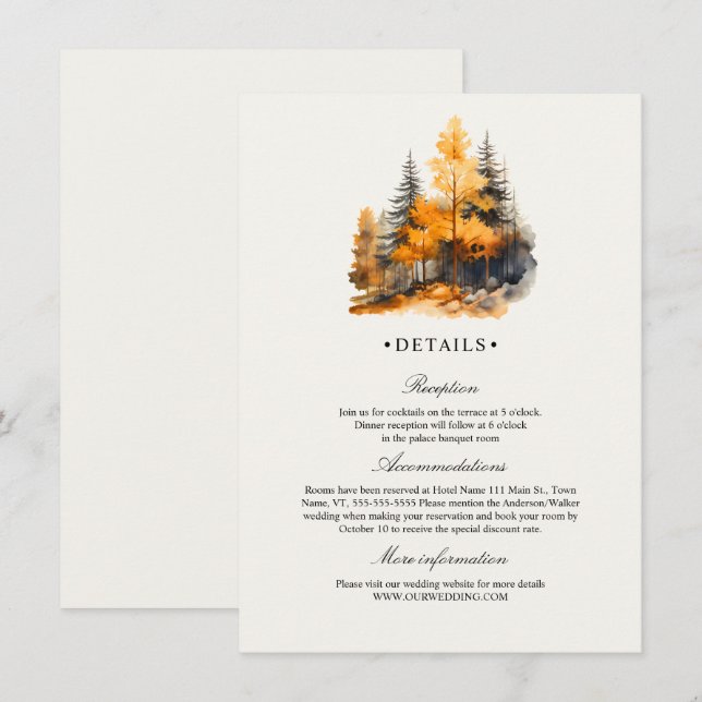 Cartão De Informações Fall Forest, Pinheiros Detalhes do Casamento (Frente/Verso)