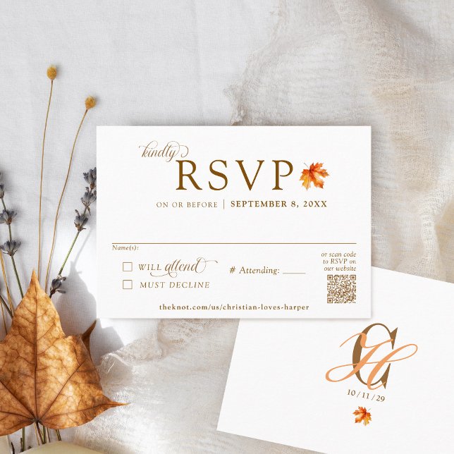 Cartão De Informações Fall Leaf Rustic Autumn Casamento QR Code RSVP (Watercolor Fall maple leaf Simple modern elegant formal QR code monogram Autumn wedding RSVP card)