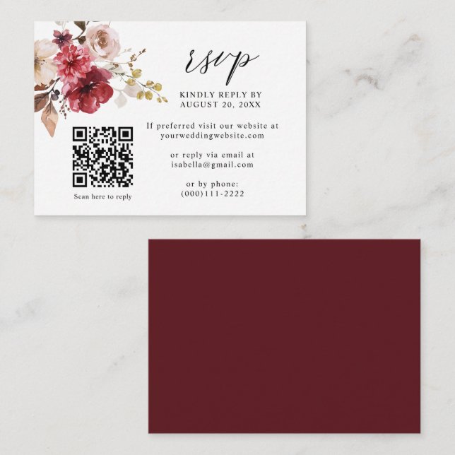 Cartão De Informações Fall Maroon Beige Pink Floral Código QR Casamento  (Frente/Verso)