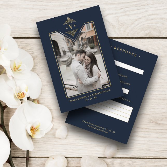 Cartão De Informações Falso marinho Azul Chic Sinais de Casamento Dourad (Criador carregado)