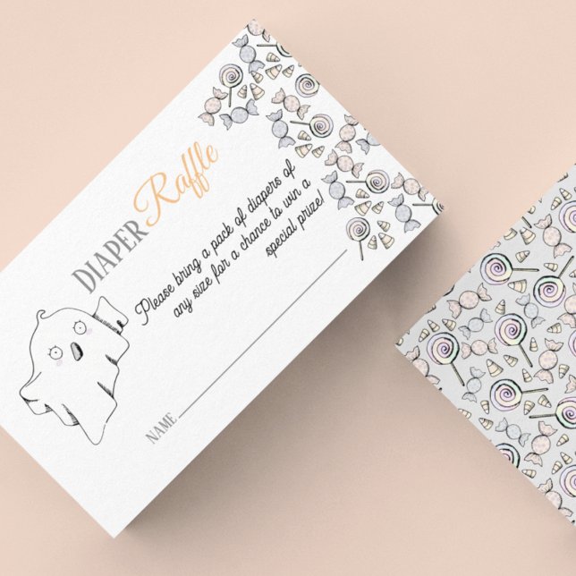 Cartão De Informações Fantasma, Bat e Chá de fraldas de Halloween de ara (Halloween Baby Shower Cute Diaper Raffle Enclosure Card. Hand Drawn Ghost Halloween Candy in Pastels)