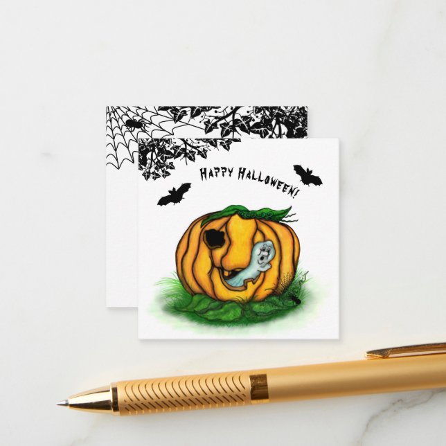 Cartão De Informações Fantasma do Halloween, Bat, Ghost e Spider (Frente/Verso In Situ)