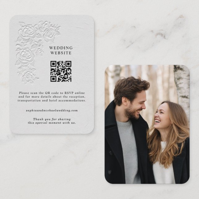 Cartão De Informações Faux Embossed White Roses Enclosure Card (Frente/Verso)