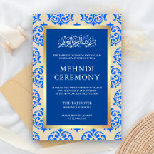 Faux Gold Foil Blue Damask Islamic Mehndi Cerimôni