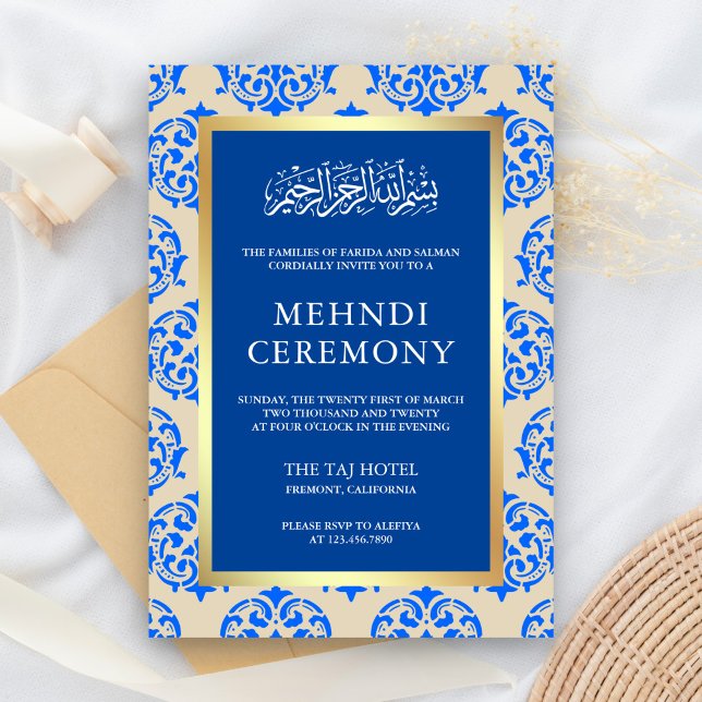Cartão De Informações Faux Gold Foil Blue Damask Islamic Mehndi Cerimôni (Criador carregado)