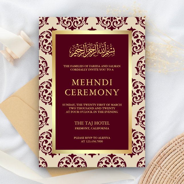 Cartão De Informações Faux Gold Foil Burgundy Damask Islamic Mehndi (Criador carregado)