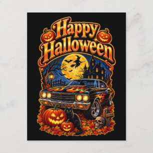 Cartão De Informações Feliz Halloween Vintage Clássico Carro Musculoso E